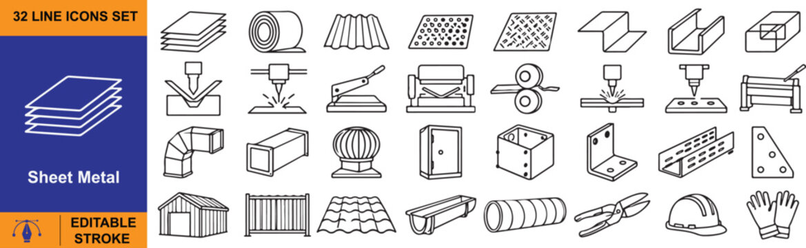 Sheet Metal Vector Outline Icons Set &ndash; Fabrication, HVAC, Industrial Manufacturing and Editable Line Symbols Collection.