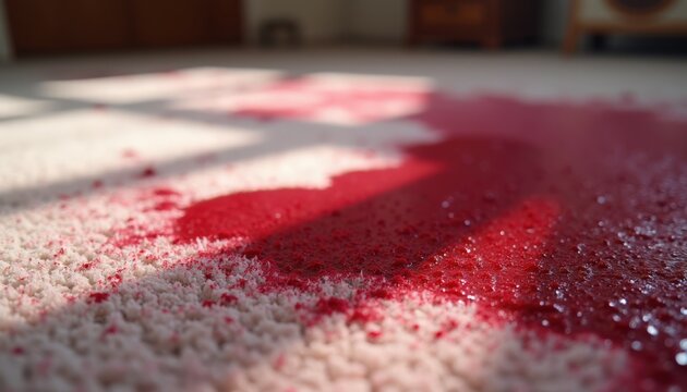 Red paint spill on carpet creating a vivid contrast in light and shadows