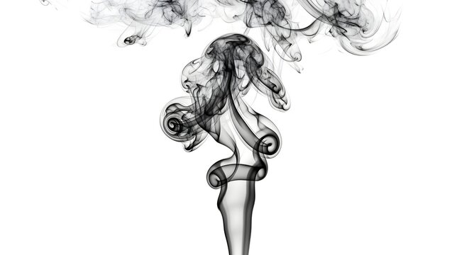 A dramatic plume of thick black smoke with high contrast, isolated on white for graphic design use.