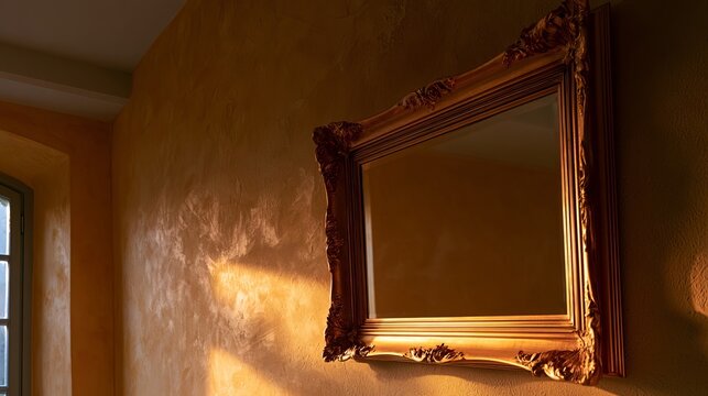 Low Angle View of an Empty Golden Picture Frame