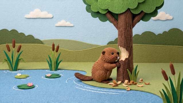 Handcrafted cut felt illustration of a beaver gnawing a tree trunk near a pond with water lilies, cattails, and green hills under a cloudy sky.