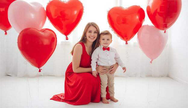 A woman and a child smile while holding red and white heart-shaped balloons, celebrating a joyful occasion together.