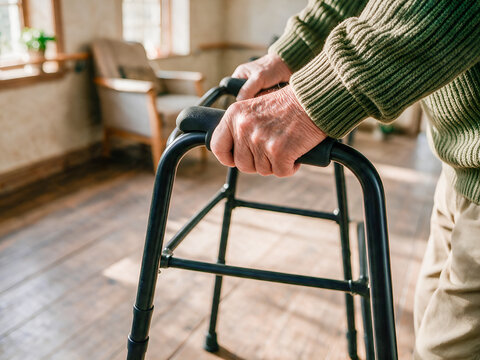 Close-up of an older adult using a walking frame indoors for mobility assistance