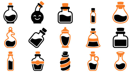 Set of various magic potion bottles and glass vials with dark liquid for fantasy games and design projects © AH RASEL