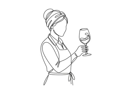 Woman holding wine glass - continuous line art illustration