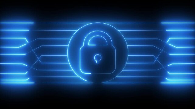 Blue Neon Padlock and Circuitry Graphics on Dark Background glow. High-tech glowing green padlock with circuit graphics, showcasing secure systems and cyber protection. 4k motion video.