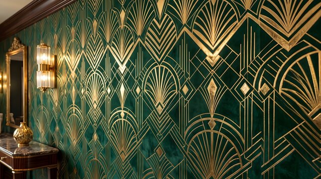 Opulent Art Deco interior featuring emerald green and gold geometric wallpaper, gilt wall sconces, decorative mirror and marble console creating a glamorous, vintage-inspired atmosphere.