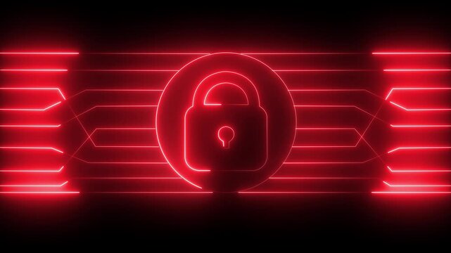 Blue Neon Padlock and Circuitry Graphics on Dark Background glow. High-tech glowing green padlock with circuit graphics, showcasing secure systems and cyber protection. 4k motion video.