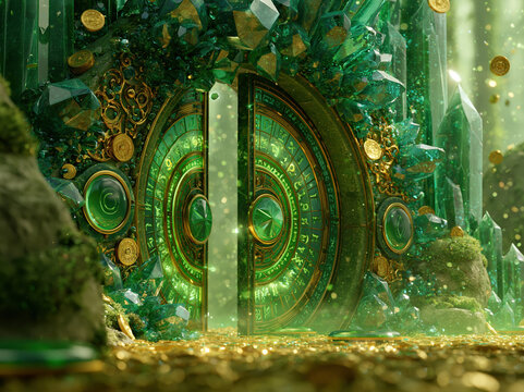 Fantasy forest vault door with emerald crystals and gold ornaments, coins, runes, glossy ui buttons, soft green magical light, premium adventure casino background, cinematic render, no text, no logo