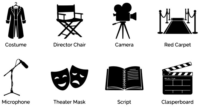 Film Production Icons: Costume, Director Chair, Camera, Red Carpet, Microphone, Theater Mask, Script, Clapperboard