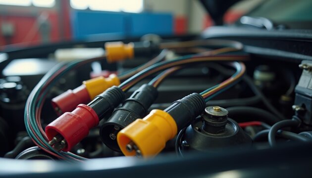 Auto mechanics with multicolored wiring in engine compartment displaying electrical connections, wires intertwined with automotive components highlighting repair and maintenance processes.