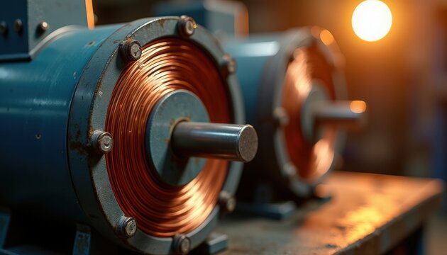 Industrial motors with copper winding on workbench, showcasing machinery and engineering details. Motors feature metallic elements and copper coils, illustrating precision engineering in industry.