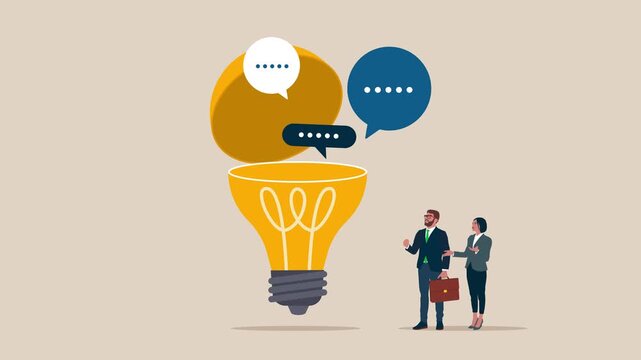 Discussion, conversation, meeting, team communication. Open lightbulb to see speech bubbles. 