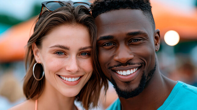 Smiling multicultural couple enjoying summer vacation together at beach during golden sunset