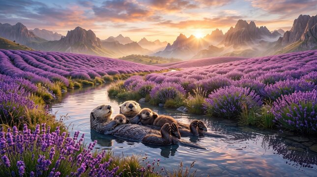 Lavender field river landscape with bison - fantasy digital art landscape