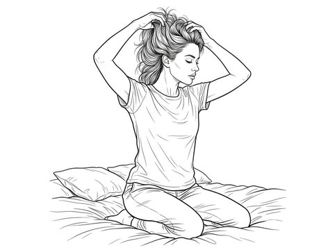 Woman sitting cross legged hands on head - continuous line art illustration