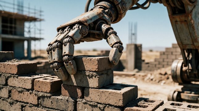 Mechanical robot arm lays bricks at outdoor construction site. Advanced automated machine builds wall with metal fingers during day. Industry worker tool places masonry blocks on structure ground for