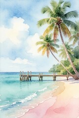 Fototapeta premium Watercolor paints soft pastel beach scene. Palm trees lean over calm aqua ocean water. Wooden pier extends into sea. Gentle waves lap pink sand shore. Sunny day implies relaxation, holiday.