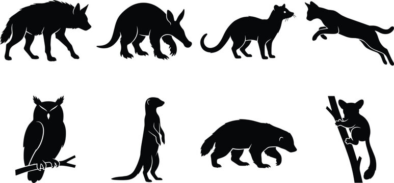 African nocturnal animals vector silhouette set featuring hyena aardvark civet owl and meerkat