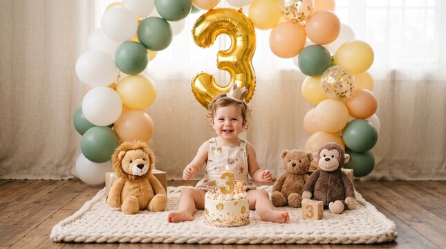 Happy toddler sitting on a rug surrounded by plush toys beneath a festive balloon arch at a third birthday party