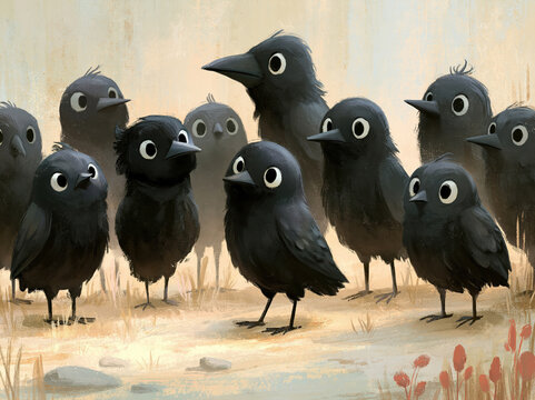Baby cartoon crows in painterly style, simple children's storybook feel, natural setting with soft beige background, muted earthy tones, hand-painted quality, open field environment, peaceful early