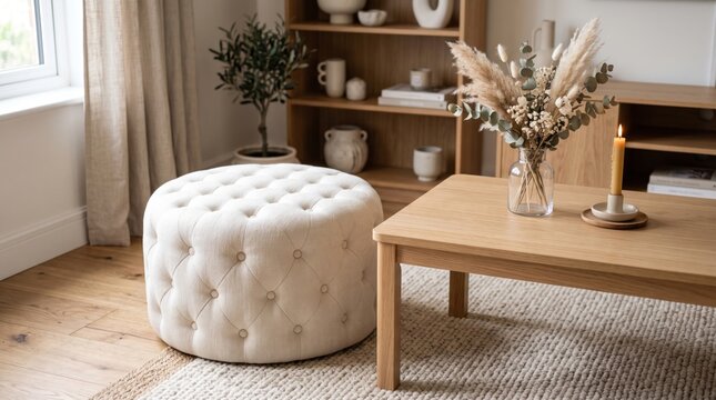 Stylish living room with a round tufted cream ottoman beside a wooden coffee table and a dried flower arrangement