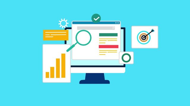 Flat animation of a desktop monitor with a magnifying-glass search