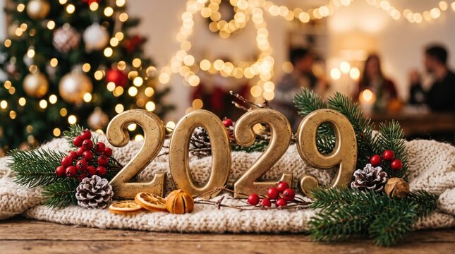Golden 2029 numerals on a festive table with blurred Christmas tree lights and people celebrating in the background