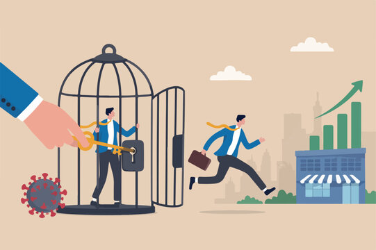 Reopen economy after Coronavirus lockdown, restart business normal operation after peak of Coronavirus COVID-19 outbreak concept, government hand unlock the cage and businessman return to work
