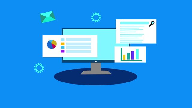 Flat animation of a desktop monitor with floating UI panels showing charts
