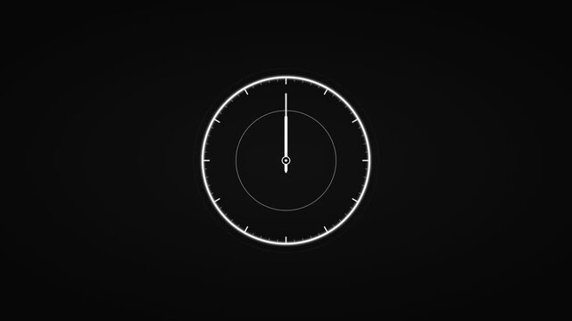 New Year 2027 clock strike animation. Minimalist white analog clock face on black background accelerates to midnight with a shockwave. Elegant editorial typography reveal. 4K.