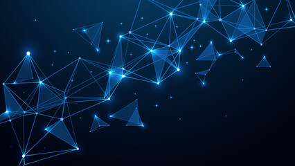 Abstract futuristic technology network background with glowing blue connection nodes, polygonal wireframe mesh, digital data communication, AI, cloud computing, blockchain and innovation banner © Abdullah9934