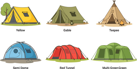 Set of various camping tents, including yellow, gable, teepee, semi dome, red tunnel, and multigreen tents for outdoor adventure and hiking © InspireStock