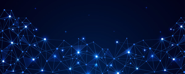 Abstract futuristic technology network background with glowing blue connection nodes, polygonal wireframe mesh, digital data communication, AI, cloud computing, blockchain and innovation banner © Abdullah9934