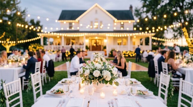 Outdoor wedding reception at night with elegant table settings, white chairs, string lights and a charming farmhouse venue
