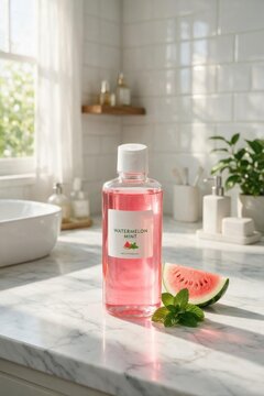 Transparent bottle of mouthwash with watermelon and mint on a white marble countertop in a bright bathroom.