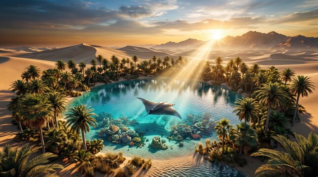 Fantasy oasis with palm trees sunbeams - fantasy digital art landscape