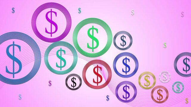 Dollar signs in round frames money finance and business growth background animation