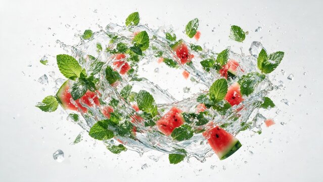 Dynamic splash of fresh water with ripe watermelon slices and green mint leaves flying on a clean white background.