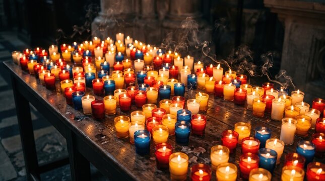 Rows of colorful votive candles burning on a metal rack inside a dark cathedral, casting a warm glow for prayer