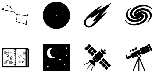 Space Icons Set: Constellation, Planet, Comet, Galaxy, Notebook, Moon, Satellite, Telescope © RimonIslam