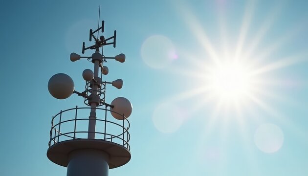 Telecommunication tower with antennas against clear blue sky and sun shining brightly. Telecommunication tower features radio equipment with spherical and directional antennas.