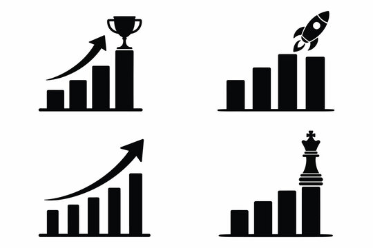 Bar Graphs With Trophy Rocket Arrow And Chess King Silhouettes On White