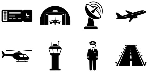 Airport Icons Set: Airplane, Pilot, Control Tower, Hangar, Radar, Runway, Ticket, Helicopter © RimonIslam