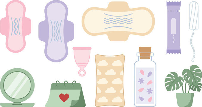 Feminine Hygiene and Menstrual Care Product Vector Element Icon Set with Sanitary Pads, Tampon, Menstrual Cup, Calendar, Mirror, and Wellness Objects