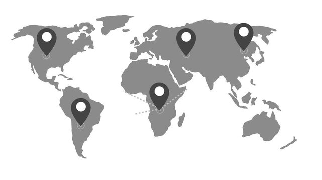 Stylized flat world map location pins connected dotted lines converging animation