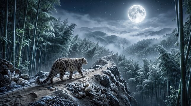 Fantasy moonlit forest with leopard - fantasy digital art landscape
