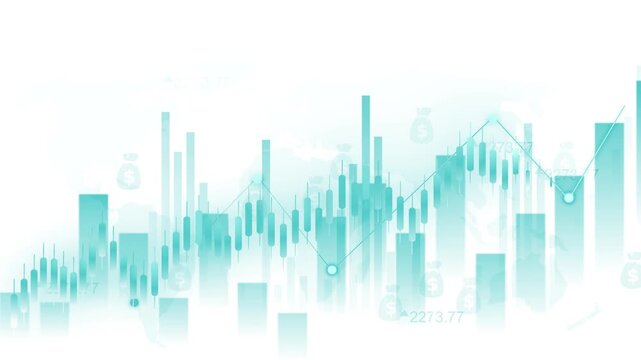 Financial chart with candlesticks and bar graph over a world map background animation