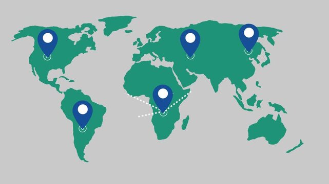 Stylized flat world map location pins connected dotted lines converging animation
