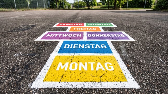 Colorful hopscotch court painted on a playground with the German names of the days of the week for children to learn